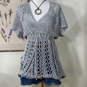 Vintage 90s Y2k Crochet Babydoll Top Gloomy Coquette Coastal Granddaughter L